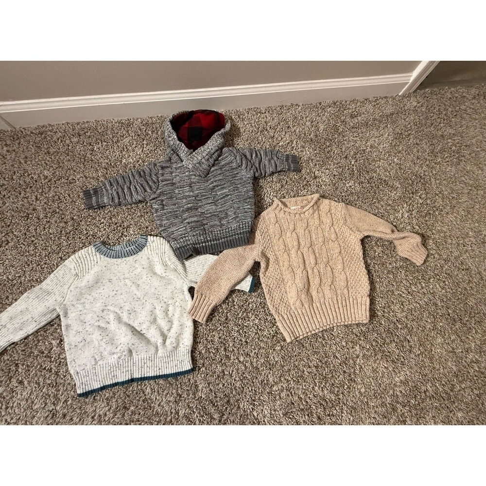 Lot of 3 Cat & Jack Baby Boys Knit Sweaters 18M Beige Cable Gray Hoodie Speckled
